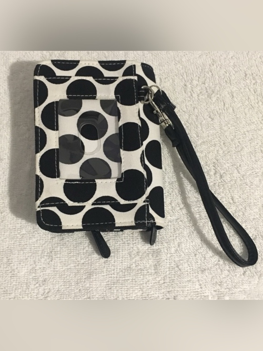 Thirty-One Everyday Wristlet Wallet Spotty, GUC, black polka dots on white.